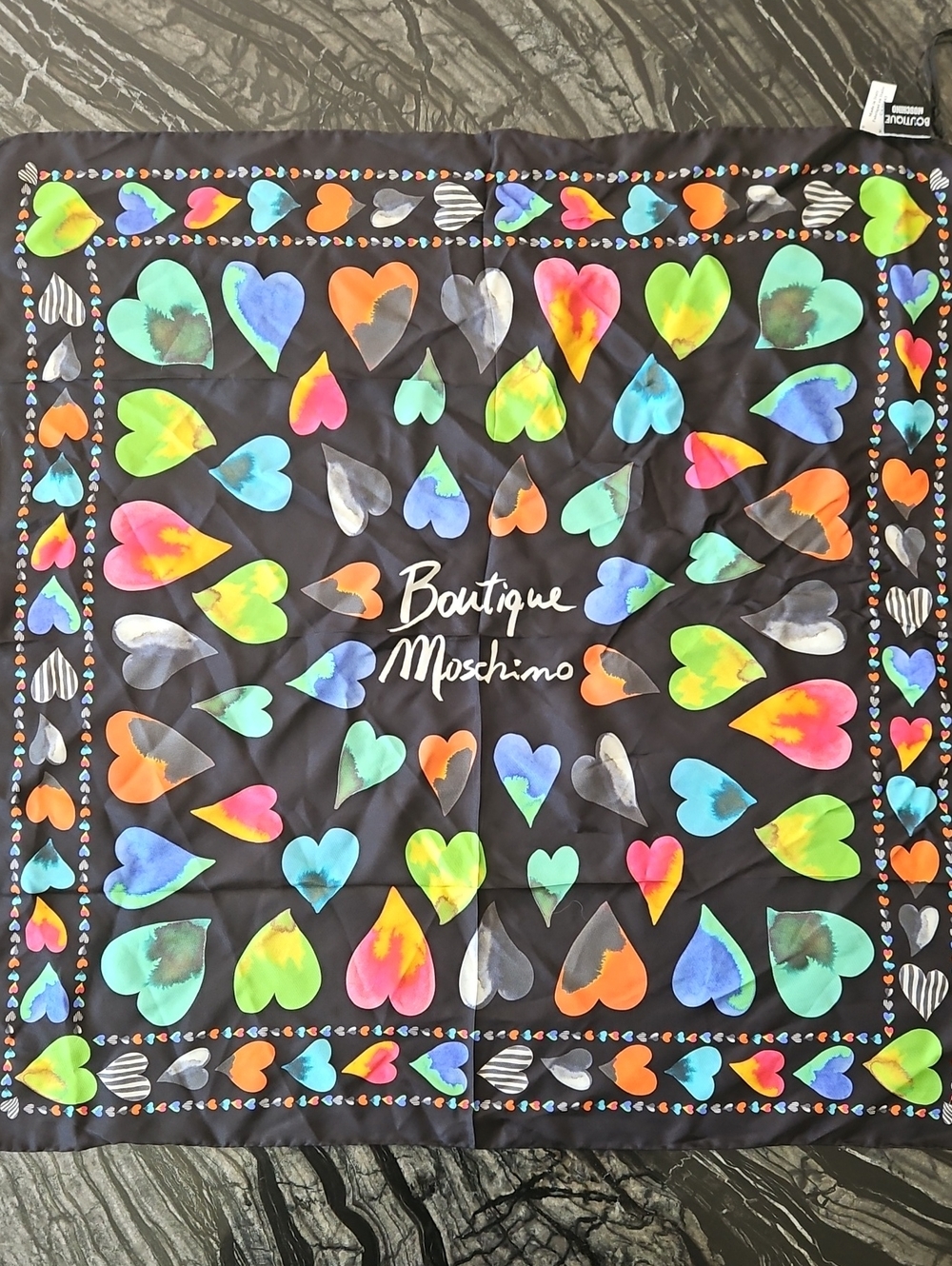 MOSCHINO: NWT Black Logo Silk Scarf with Multicolor Heart Print